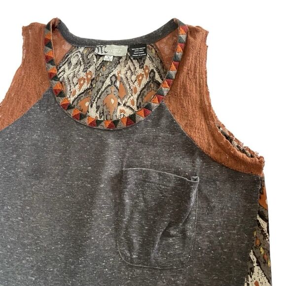 MISS ME Tank Top Hi Low Hemline Gray Linen Blend Boho Print Back Women’s S - Picture 2 of 6